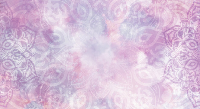 Textured pastel pink and purple watercolour background with mandala decorations