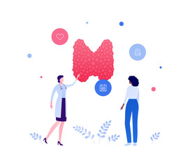 Endocrinology and thyroid disease awareness concept. Vector flat people medical illustration. Female doctor and patient checkup appointment. Calendar, medicine, heart shape sign. Design for healthcare