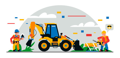 Construction equipment and workers at the site. Colorful background of geometric shapes and clouds. Builders, construction equipment, maintenance personnel, tractor, chainsaw. Vector illustration.