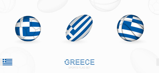 Sports icons for football, rugby and basketball with the flag of Greece.