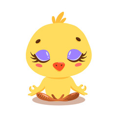 Flat vector illustration of cute cartoon chicken meditation. Farm animals yoga.