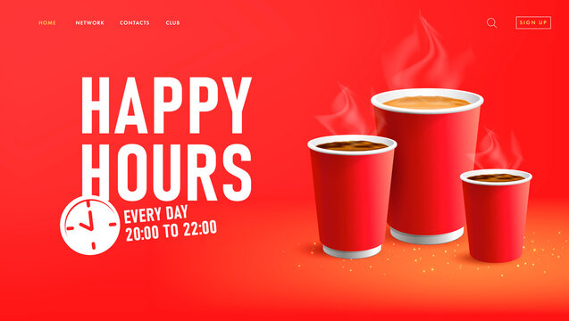 Happy hours web banner for coffee shop with paper cups to go woth americano and cappuccino, label with clock icon
