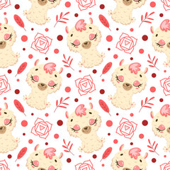 Cute cartoon farm animals meditation seamless pattern. Yoga animals pattern. Llama meditates pattern.