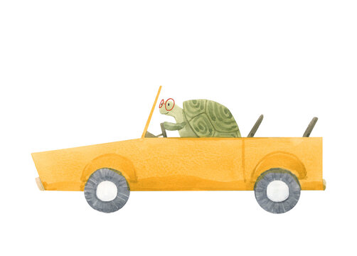 Beautiful stock baby illustration with cute hand drawn watercolor little animal driver in a car.