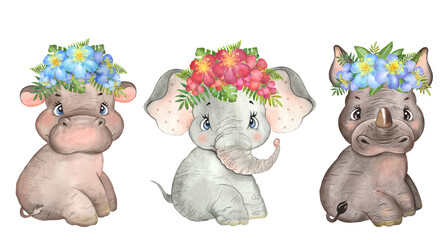 Watercolor illustration with three baby safari animals, rhinoceros, elephant, hippo, animals with floral wreaths  © Vladimir Savin
