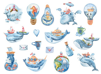Fototapeta premium Watercolor cute whales. Fairytale Illustration on white background. Perfect for patterns print, baby shower card, invitation, greeting card