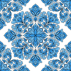 Blue and white luxury seamless pattern on a white background. Vector ornament template. Traditional Turkish, Indian motifs. Great for fabric and textile, wallpaper, packaging or any desired idea.