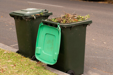 Australian garbage wheelie bins with green lids for green garden waste lined up on the street for council waste collection - obrazy, fototapety, plakaty