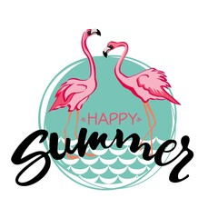 Hello Summer greeting card, invitation with palm leaves, flamingos bird. 