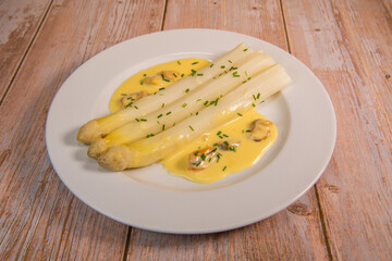 Large white asparagus and shell mousseline recipe. High quality photo