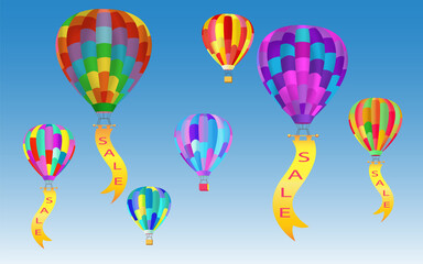 Obraz premium Sale banner template design with colorful balloons / hot air balloons on sky background