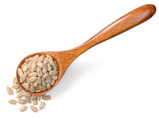 sunflower seeds in the wooden spoon, isolated on whtie background, top view