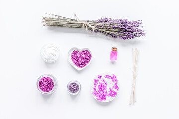 lavender flowers in organic cosmetic set on white background top view mock-up