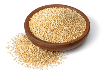 raw white quinoa in the wooden bowl, isolated on white background