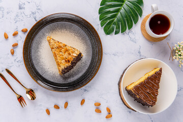 Delicious sliced Chocolate Whole cake with various topping 