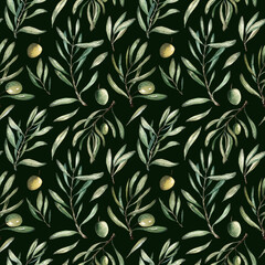 pattern of olive sprigs and leaves watercolor olives on a dark background