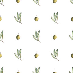 Pattern of olive sprigs and olives on a white background