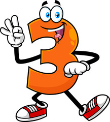 Funny Orange Number Three 3 Cartoon Character Showing Hand Number Three. Vector Hand Drawn Illustration Isolated On Transparent Background