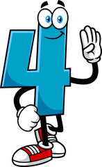 Funny Blue Number Four 4 Cartoon Character Showing Hand Number Four. Vector Hand Drawn Illustration Isolated On Transparent Background