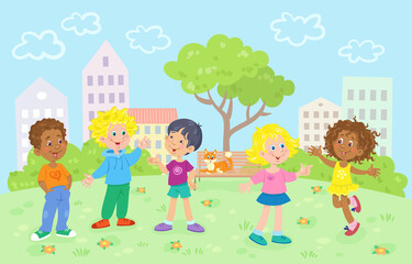 Obraz na płótnie Canvas Happy children of different nationalities walk and talk in the summer city park. In cartoon style. Vector flat illustration.