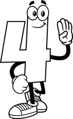 Outlined Funny Number Four 4 Cartoon Character Showing Hand Number Four. Vector Hand Drawn Illustration Isolated On Transparent Background