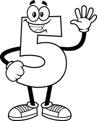 Outlined Funny Number Five 5 Cartoon Character Showing Hand Number Five. Vector Hand Drawn Illustration Isolated On Transparent Background