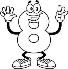 Outlined Funny Number Eight 8 Cartoon Character Showing Hands Number Eight. Vector Hand Drawn Illustration Isolated On Transparent Background