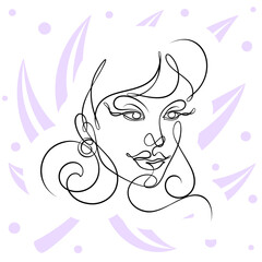 International Women's Day minimal design line drawing style. Portrait of young woman beauty face isolated on purple leaf background. Vector for Spa, fashion, hairdressing and beautiful artwork design.