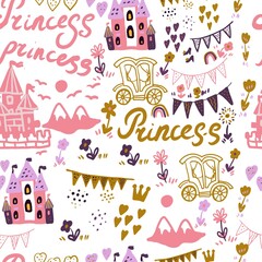 Fairy princess castle vector illustration hand drawn scandinavian style. Patern seamless set print textile background clipart for little girls for the holiday congratulations. pink and gold color cute