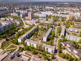 Aerial view of modern residential areas of Stary Oskol in sunny spring day, Russia..