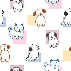 Seamless Pattern of Cartoon Dog Illustration and Pastel Square Design on White Background
