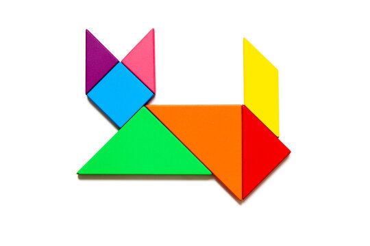 Color tangram puzzle in cat shape on white background