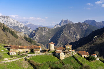 BANDUJO, SPAIN - MARCH 24, 2019: View of the mediaval village of Bandujo in Asturias mountains. North of Spain.