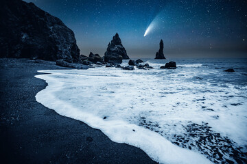Splendid place of the stormy Atlantic ocean and basalt rocks Troll toes.