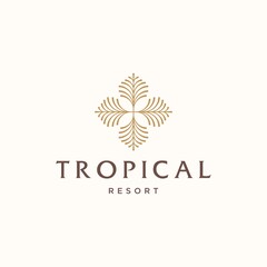Fototapeta premium palm tree golden logo, coconut leaf logo vector icon illustration in Geometric minimal line style for holiday hotel vacation business
