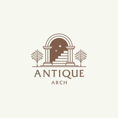Naklejka premium mystic doorway logo, antique arch architecture entrance and stairway icon, with door, window and palm trees in contemporary aesthetic boho style 