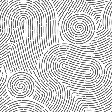 Seamless finger print. Black and white macro pattern. Unique thumbs marks. Personal biometric data. Scanning technology. Police evidence. Vector background with curved lines and curls