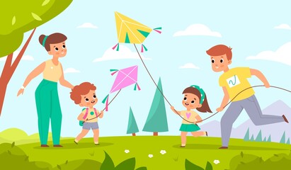 Obraz na płótnie Canvas Family fly kites. Happy mother and father with children launch wind toys into sky. People walking in park. Parents and joyful kids spend time together. Vector summer outdoor recreation