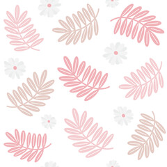 Fototapeta na wymiar Cute hand drawn floral seamless pattern vector background with leaves and daisy flowers . Elegant colorful template for fashion print, fabric or wallpaper. 