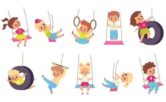 Rope swings kids. Cartoon boys and girls flying on seesaw. Types set of children carousels. Babies play on playground.. People walk and have fun in park. Vector outdoor activities