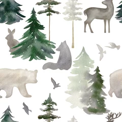 Papier peint Animaux de la forêt Modèle sans couture avec arbre aquarelle.