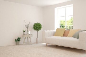 Soft color living room with sofa. Scandinavian interior design. 3D illustration