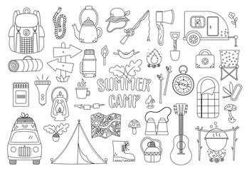 Vector black and white summer camp set. Camping, hiking, fishing equipment collection. Outdoor nature tourism outline icons pack with backpack, van, rod, clothes, fire place, sleeping bag. .