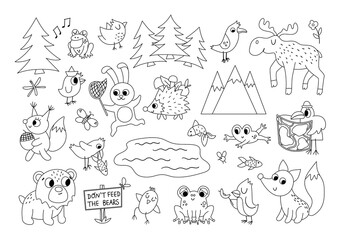Vector black and white forest animals, insects and birds set. Funny woodland campfire outline icons collection. Cute forest line illustration for kids with mountains, trees, moose, frog, bear..