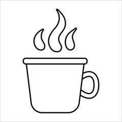 Vector black and white cup with steam isolated on white background. Winter or camping traditional warming drink outline illustration. Hiking hot beverage or tea line icon. .