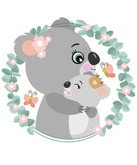 Mum koala hugging her baby on eucalyptus leaves frame
