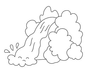 Vector black and white waterfall icon. Nature landscape line illustration isolated on white background. Outline water fall picture with greenery and trees. Wildlife or active holidays scene .