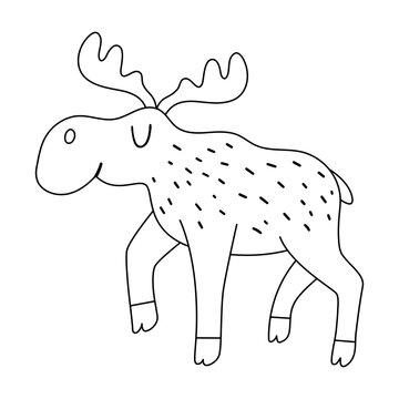 Vector black and white moose. Funny woodland animal. Cute forest line illustration for kids isolated on white background. Adorable outline walking elk icon.