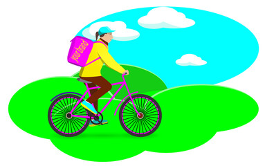 Food delivery man rides a bicycle with a phone in his hand and a large pink bag with “delivery” written on it across a green field against a background of blue sky and white clouds. Copy space