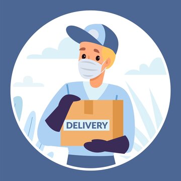 Protected Delivery Peephole View. Person Looks Through Hole In Door. Courier Brings Parcel. Man In Protective Mask And Gloves Rings Bell. Coronavirus Isolation Vector Safe Order Shipping